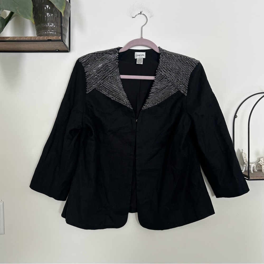 Chicos Linen Cotton Black Chain Detailed Blazerโ Jacket Size 2/Large/12